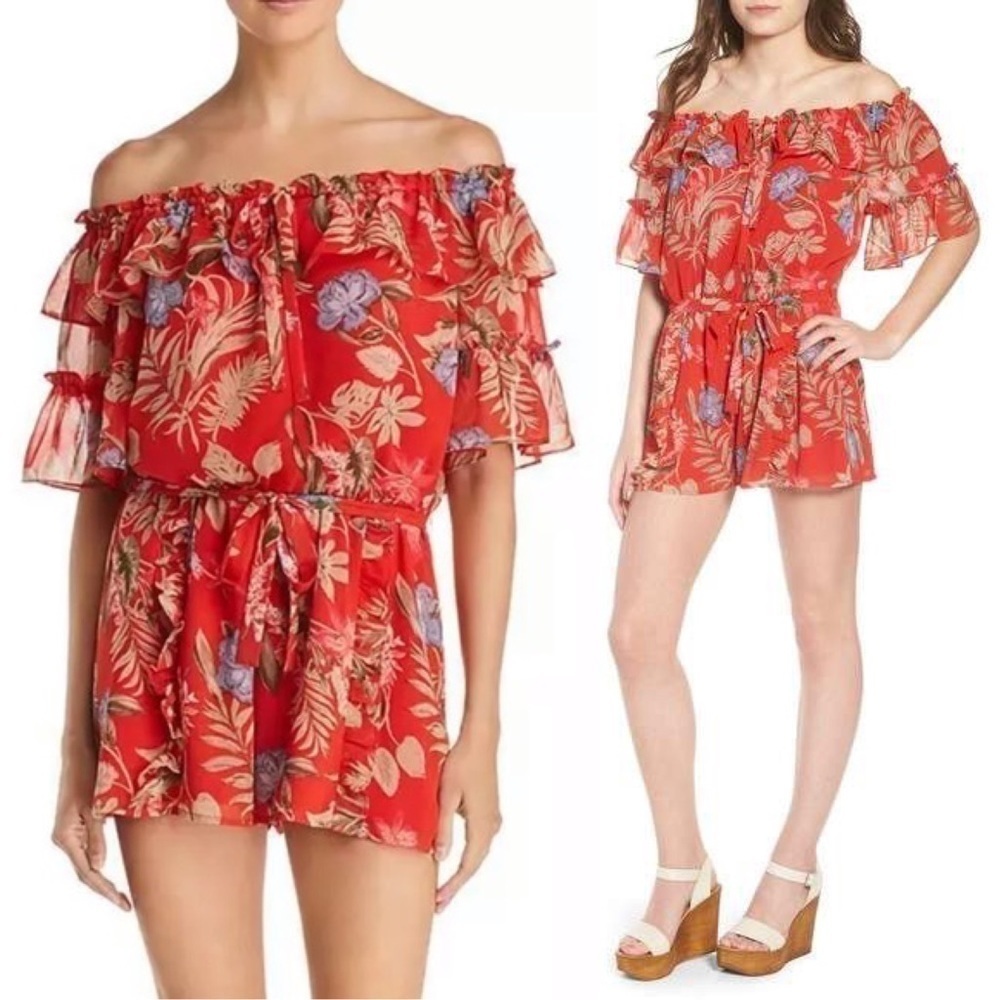 WAYF 70s Tropical Floral Off Shoulder Short Sleeve Ruffle Tier Tie Waist Romper